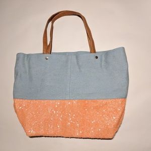 NWT Orange Sequin and Denim Shoulder Tote Bag